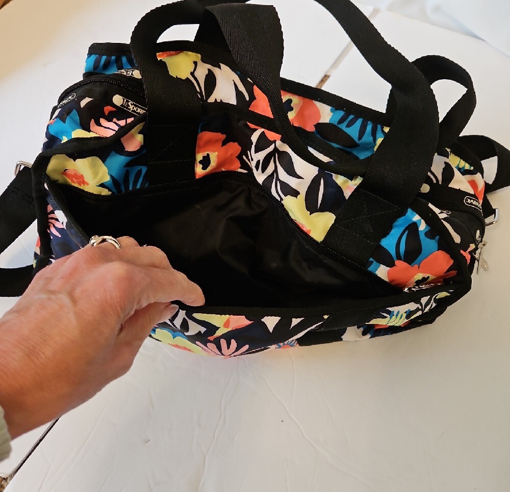 Le Sport Sac Black Floral Canvas Travel Duffel Bag - Women's Weekender - Picture 10 of 14